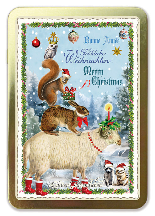 Goldene Postkarten Box Weihnachtstiere